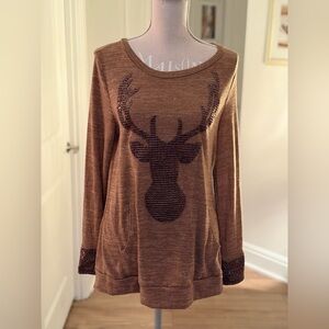 Pink Lily Brown Sequin Deer Sweatshirt